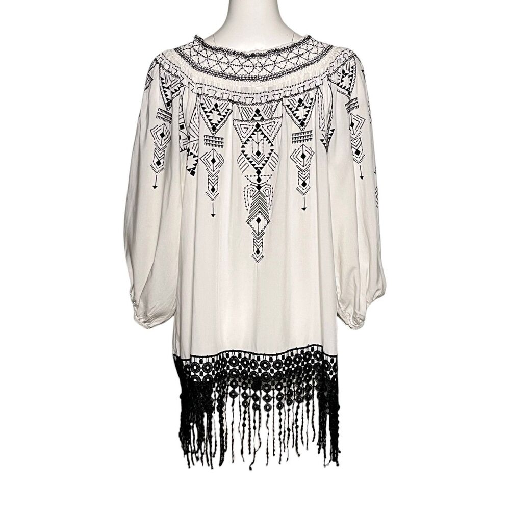 John Mark XL White Black Embroidered Boho Tunic Top Fringe Rayon Peasant Blouse - Picture 3 of 8